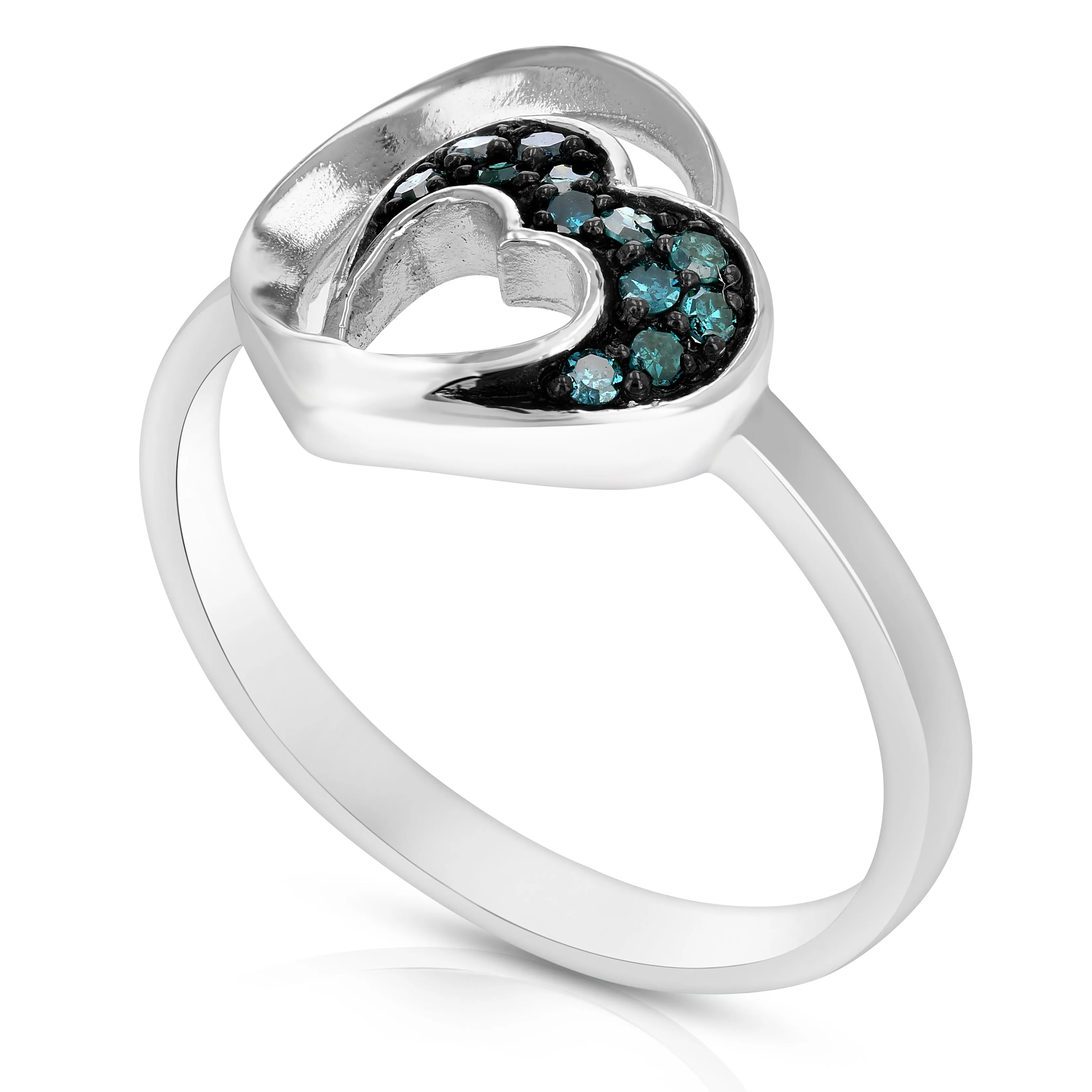 0.15 cttw Blue Diamond Heart Ring .925 Sterling Silver with Rhodium