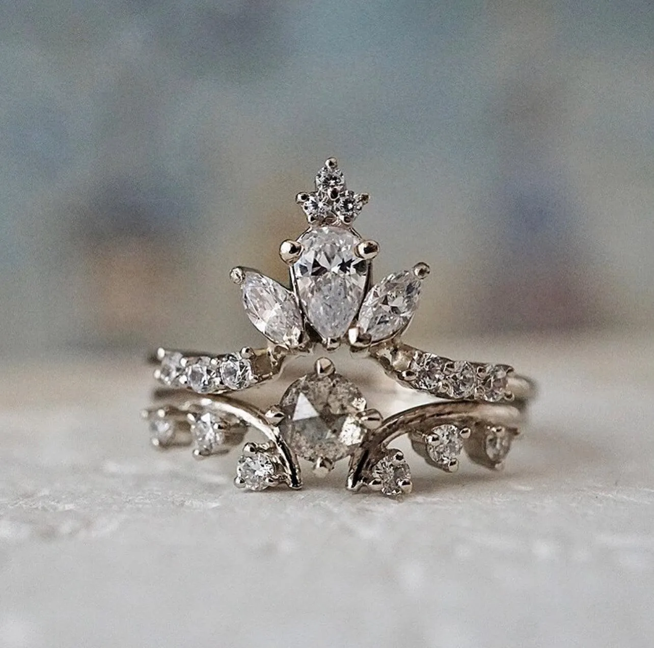 14K Maleficent Salt & Pepper Diamond Ring Set