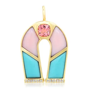 14K Yellow Gold Pink Tourmaline, Pink Opal and Turquoise Horseshoe Necklace