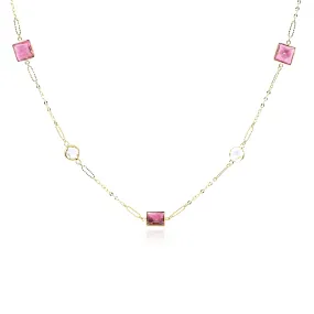 18K YELLOW GOLD PINK TOURMALINE AND WHITE TOPAZ NECKLACE