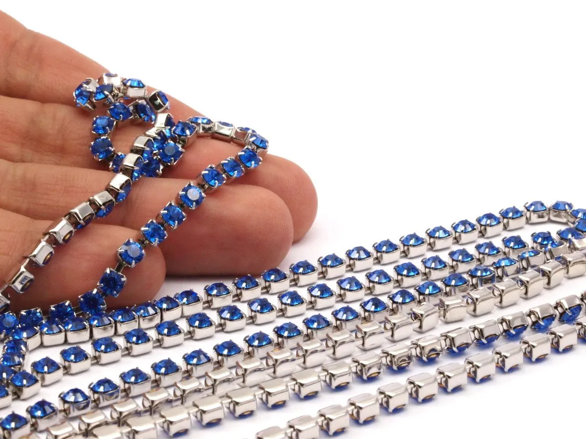 2 Feet Vintage 4mm Deep Blue Crystal Rhinestone Chain With Silver Plated Brass Frame - Made In Austria Au42