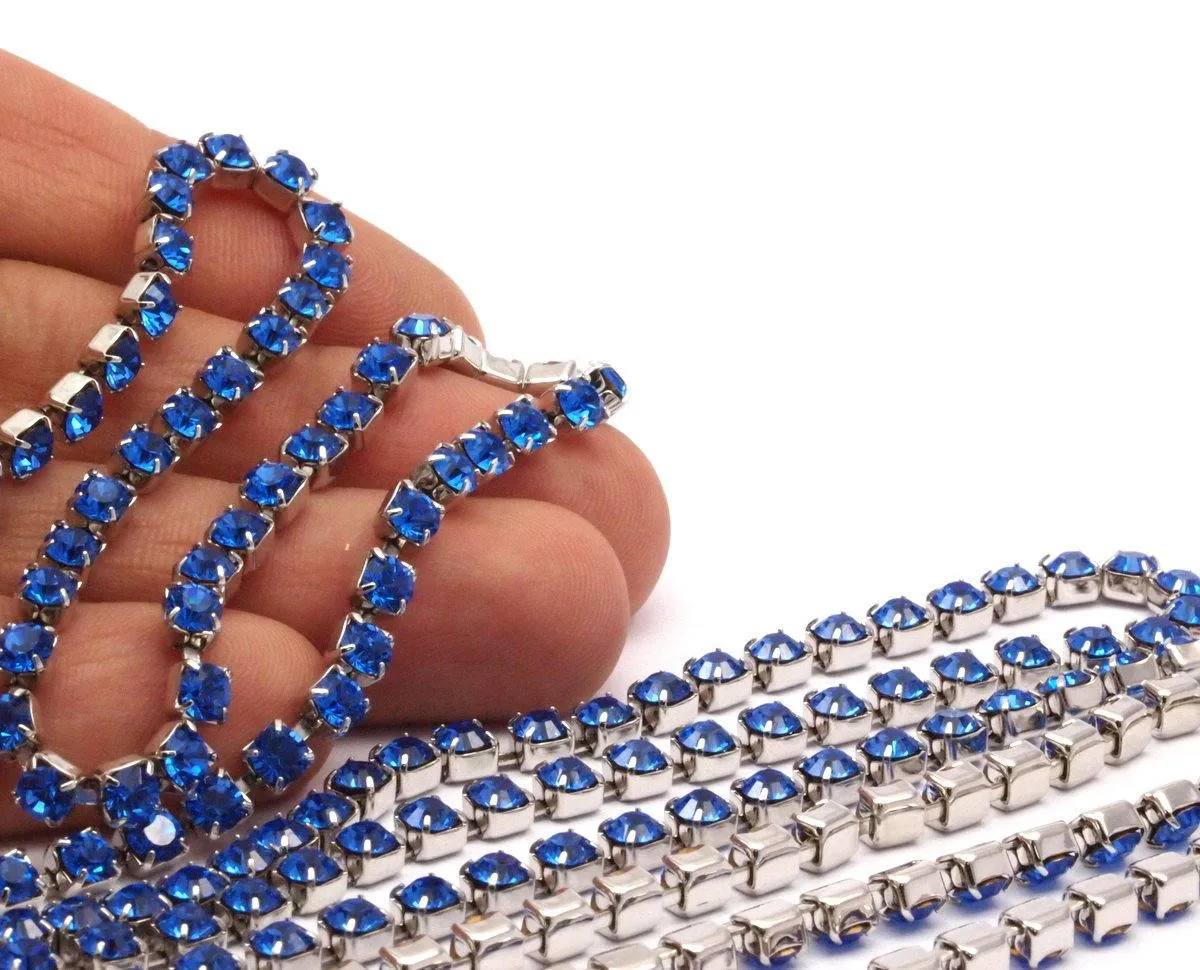 2 Feet Vintage 4mm Deep Blue Crystal Rhinestone Chain With Silver Plated Brass Frame - Made In Austria Au42