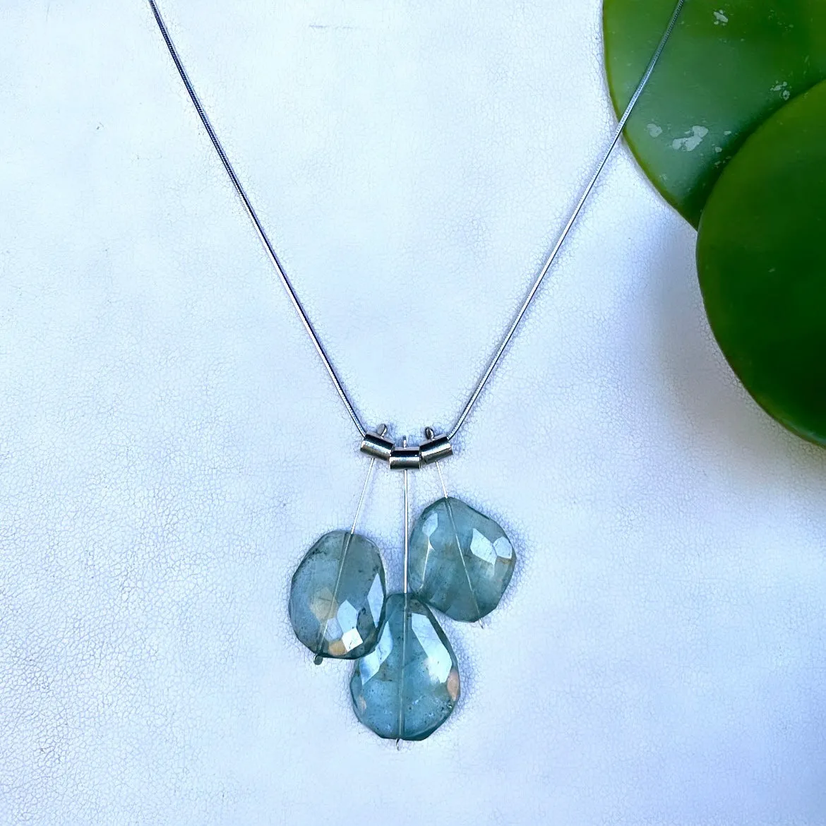 3 Petal Pivot large moss aquamarines necklace