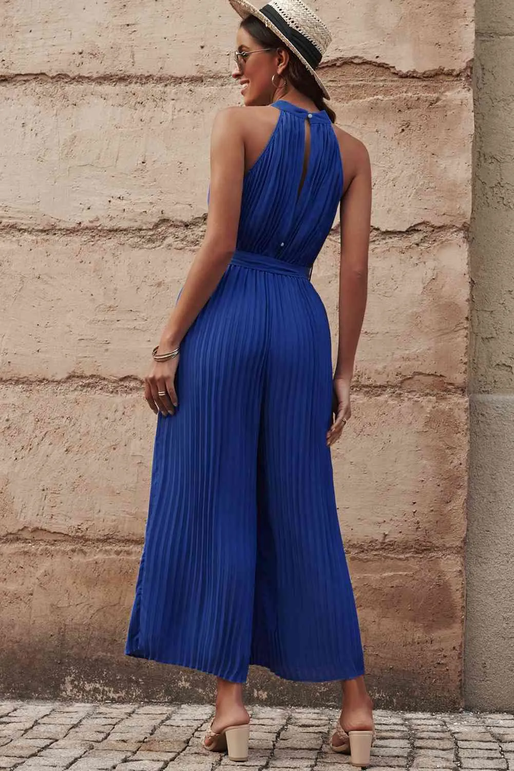 Accordion Pleated Belted Grecian Neck Sleeveless Jumpsuit