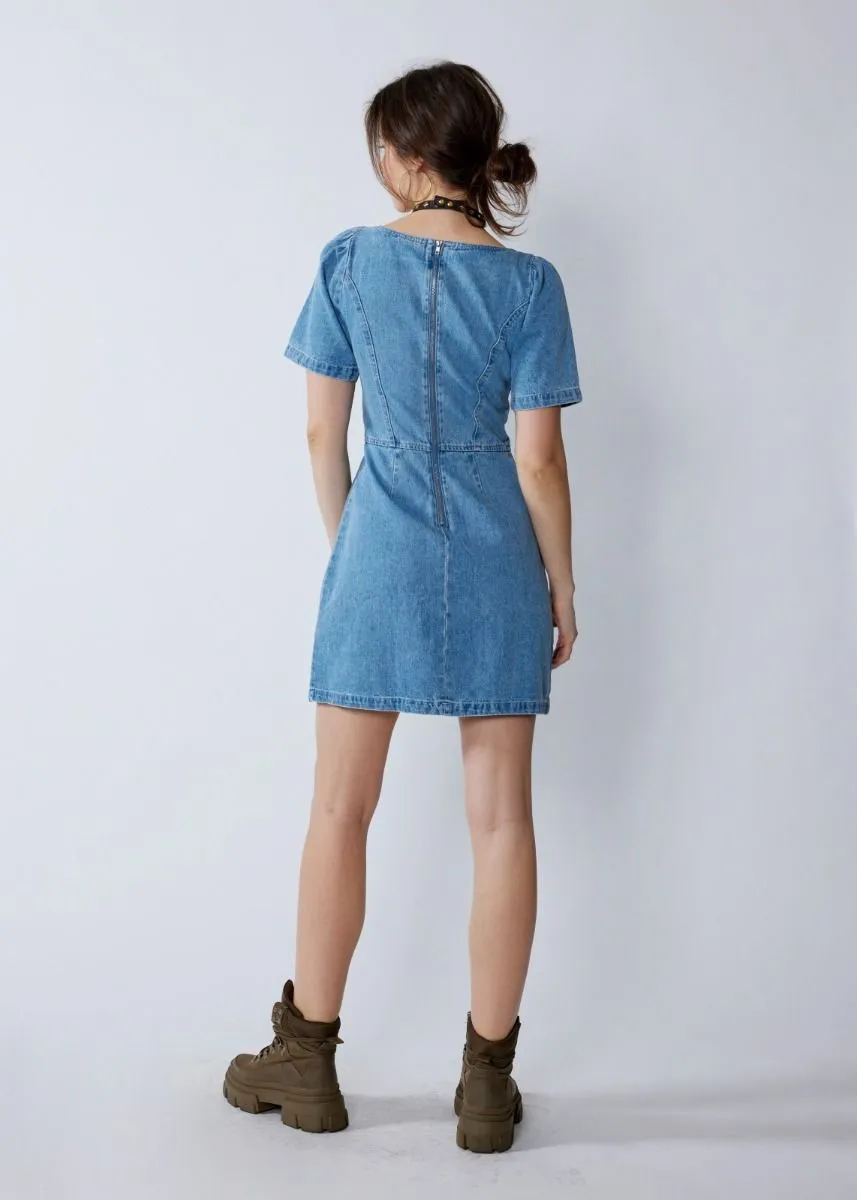 Aubrey Denim Puff Sleeve Mini Dress - Light Wash