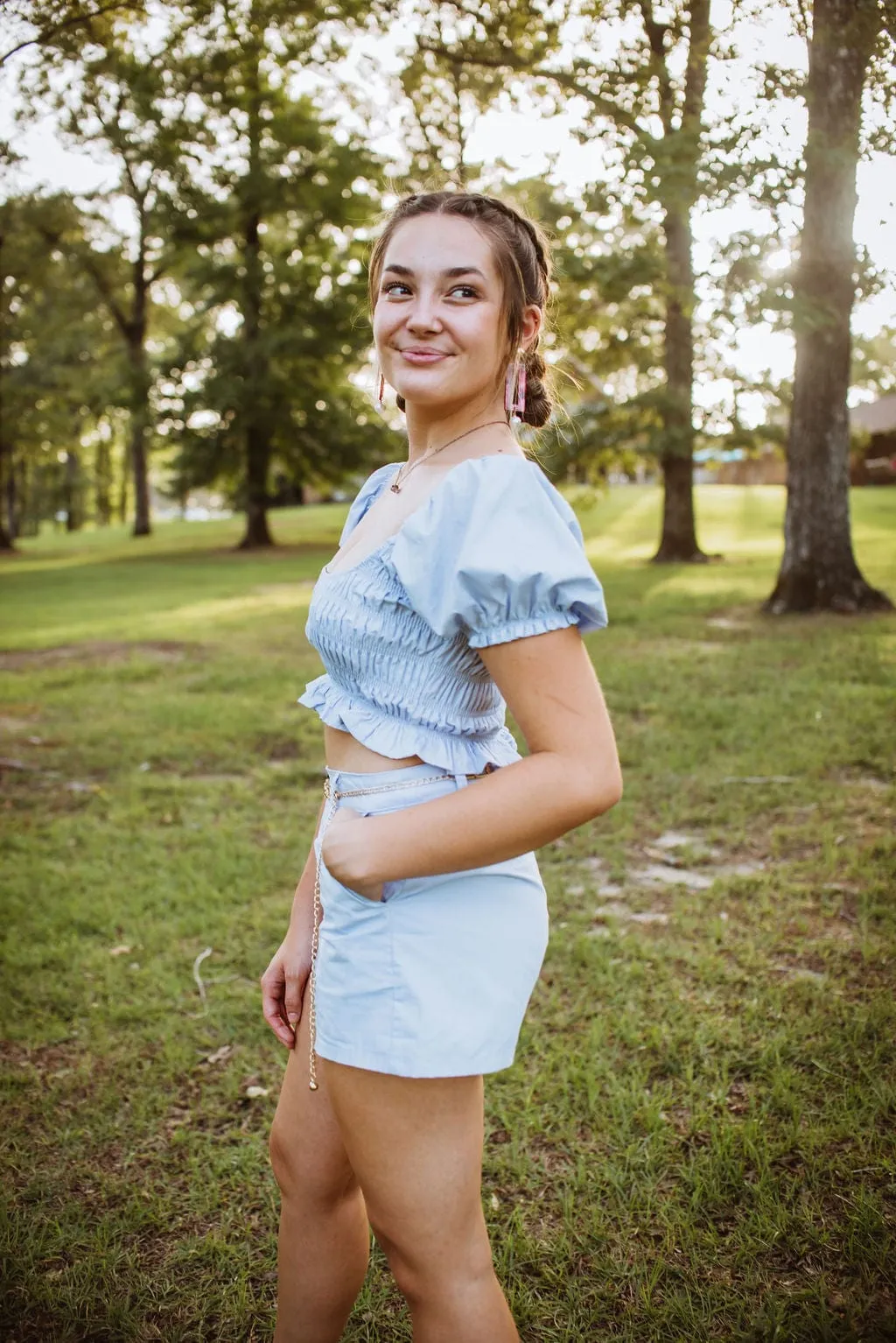 Baby Blue Set Smocked Crop Top