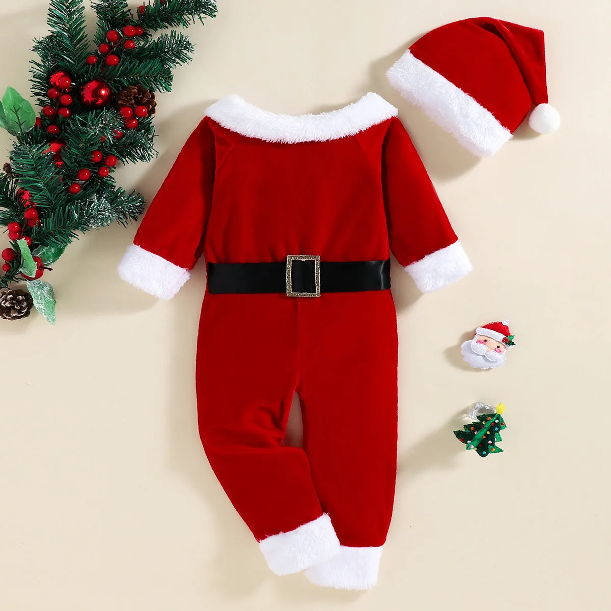 Baby Boys Solid Color Christmas Plush Neckline Long-sleeved Jumpsuit