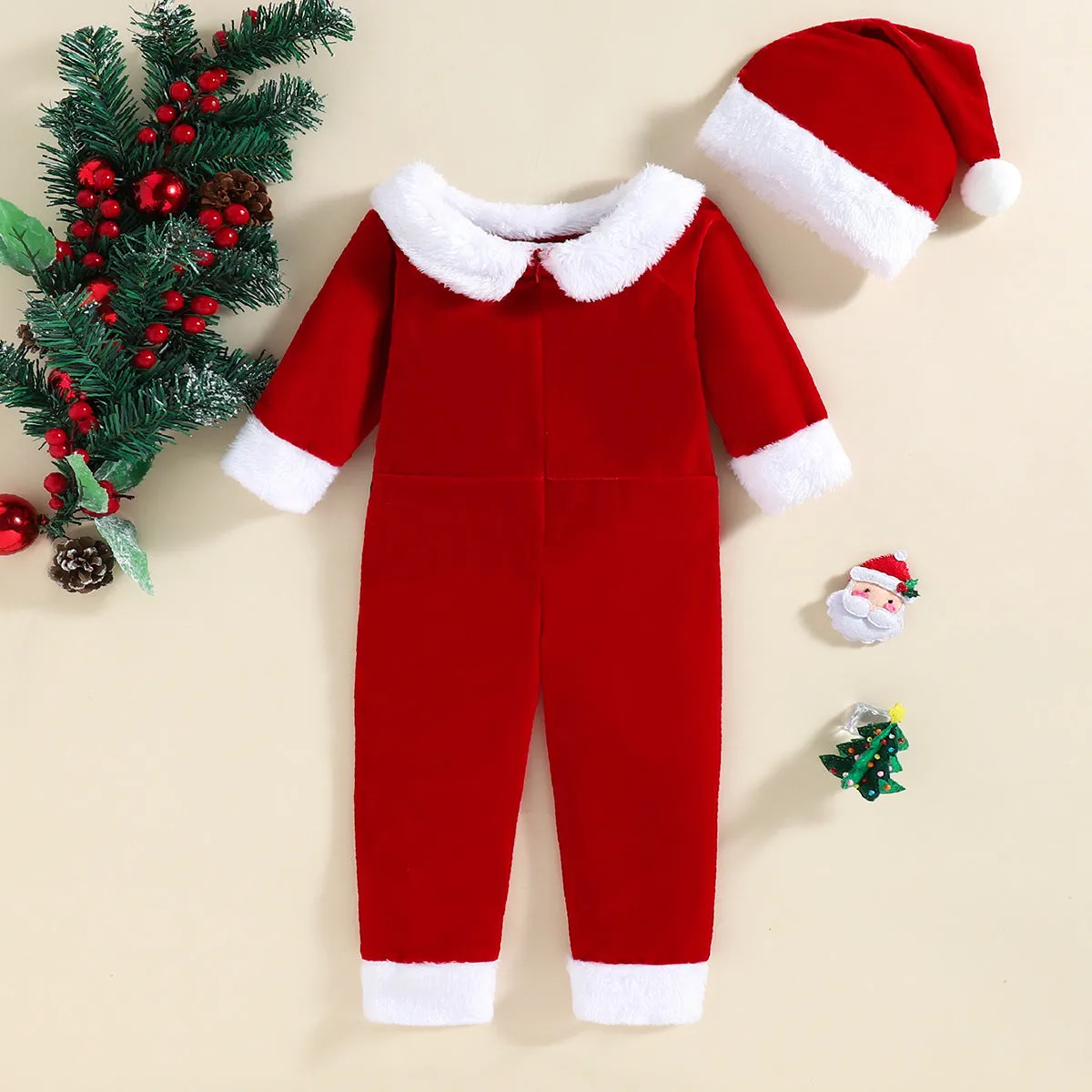 Baby Boys Solid Color Christmas Plush Neckline Long-sleeved Jumpsuit