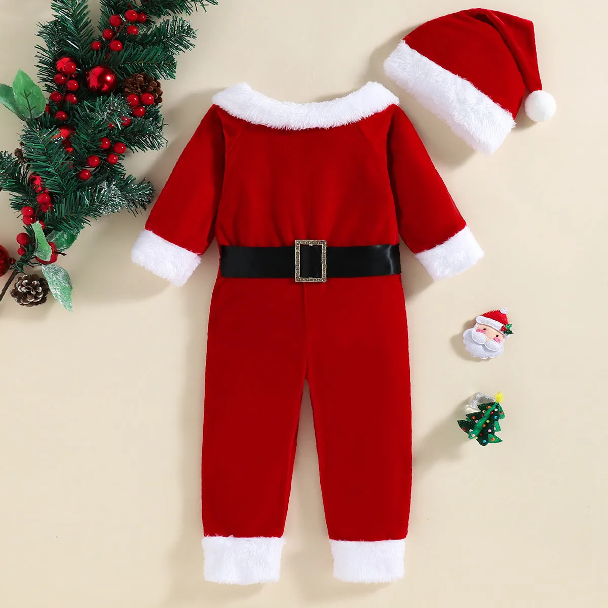 Baby Boys Solid Color Christmas Plush Neckline Long-sleeved Jumpsuit