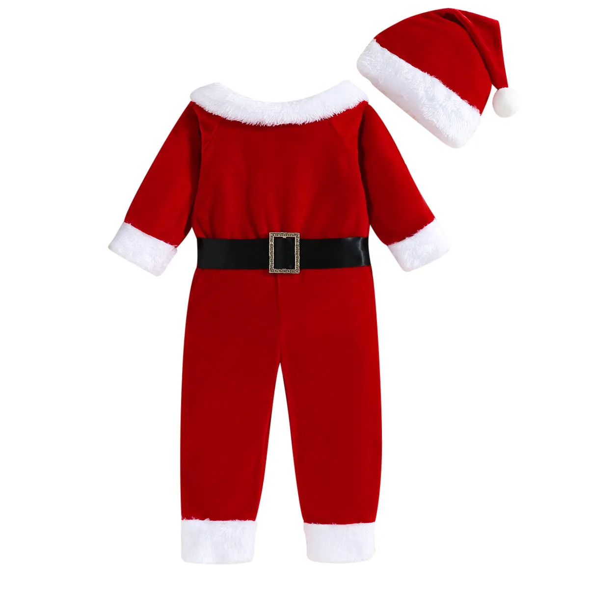 Baby Boys Solid Color Christmas Plush Neckline Long-sleeved Jumpsuit