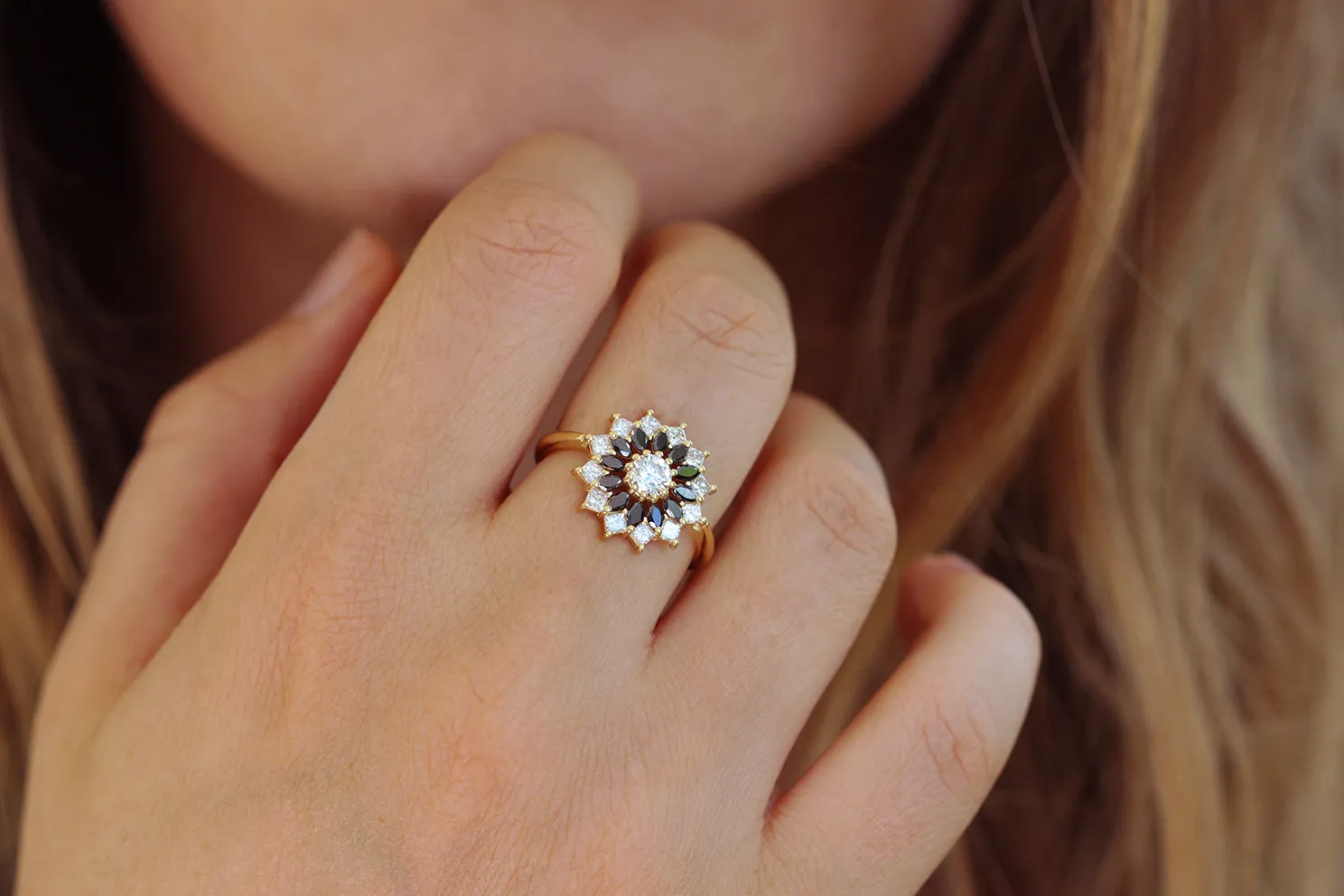 Black and White Diamond Engagement Ring - Flower Diamond Cluster Ring