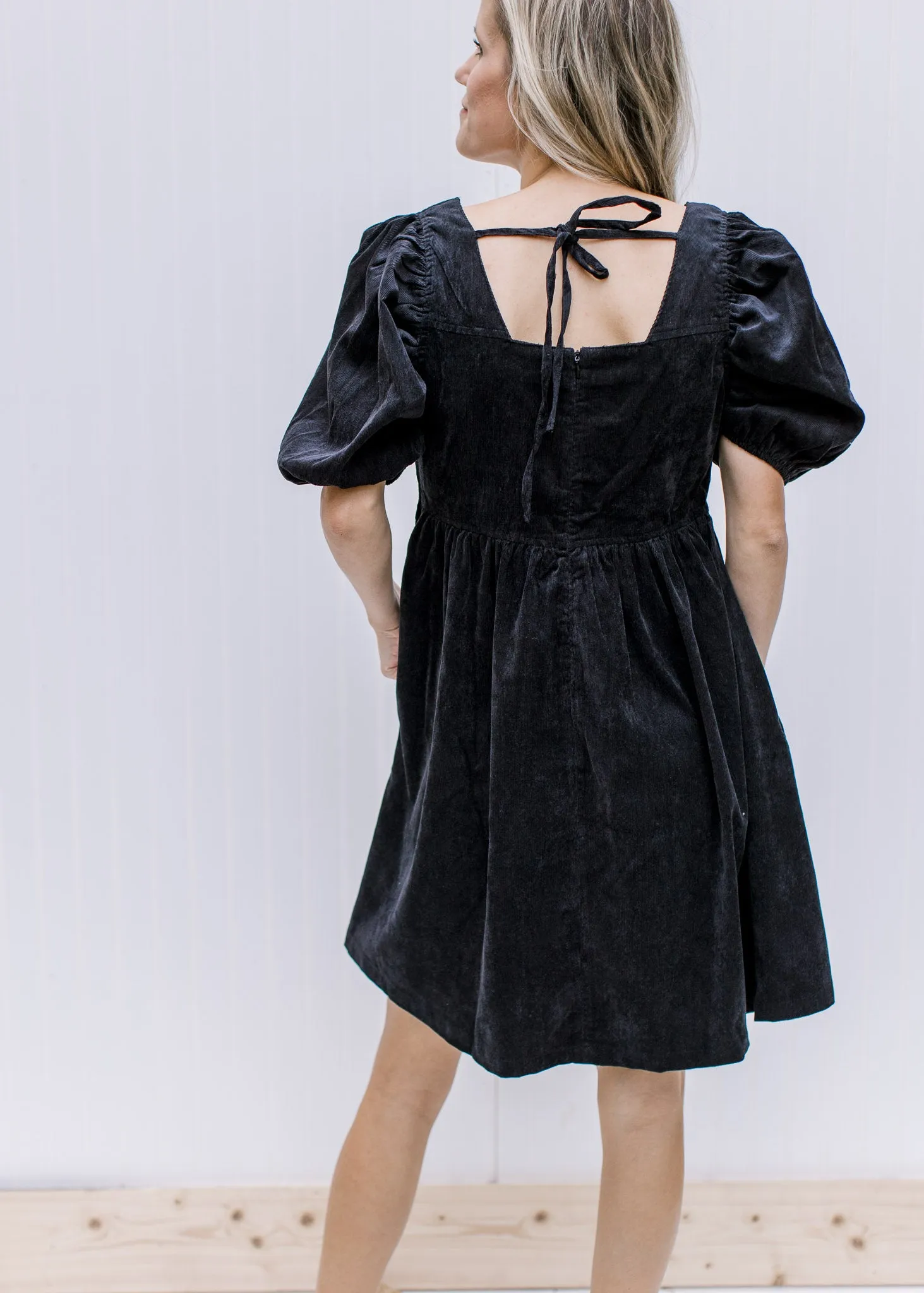 Black Square Neck Corduroy Dress