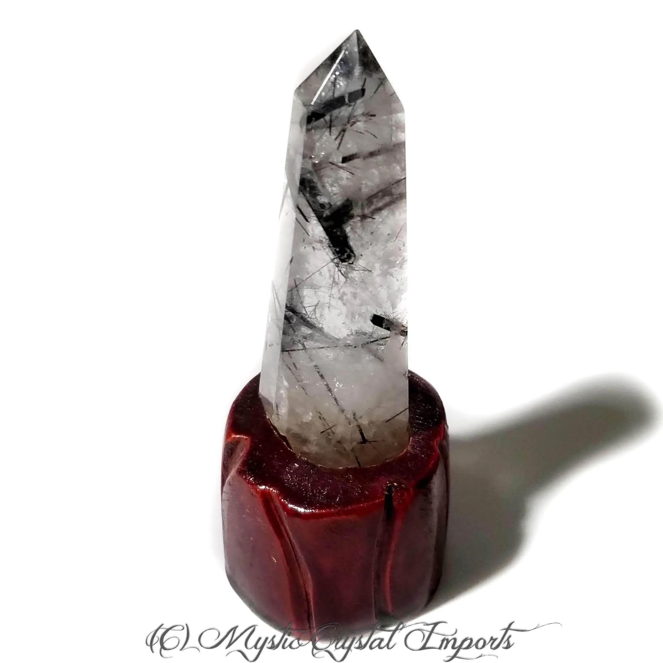 Black Tourmalinated Quartz Crystal Point With Carved Wood Stand - 4 1/2