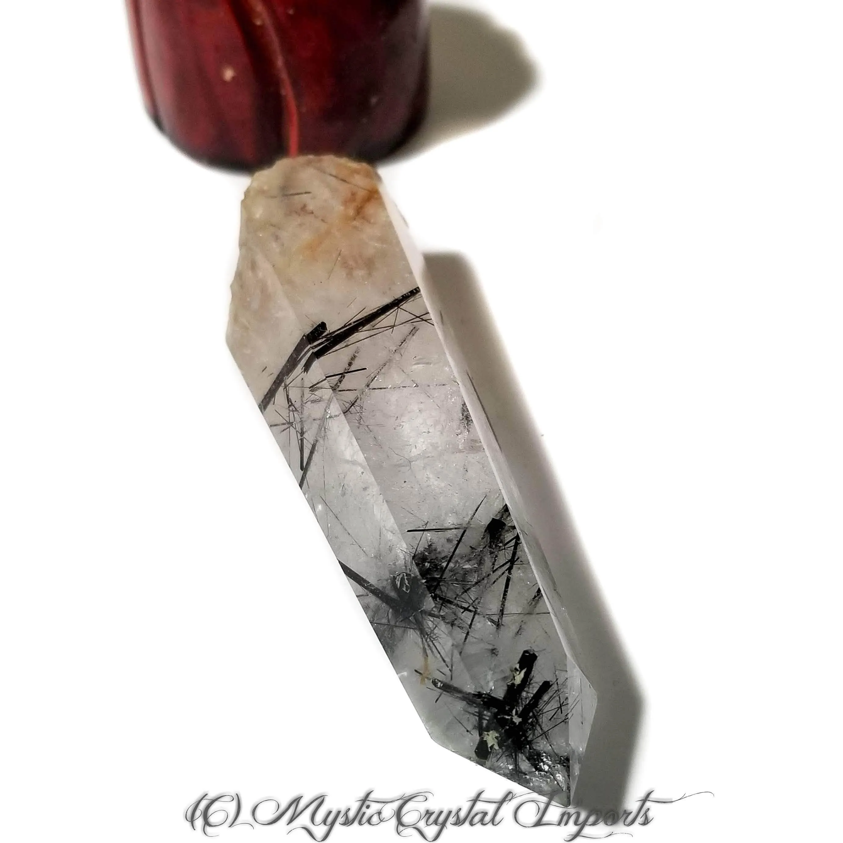 Black Tourmalinated Quartz Crystal Point With Carved Wood Stand - 4 1/2