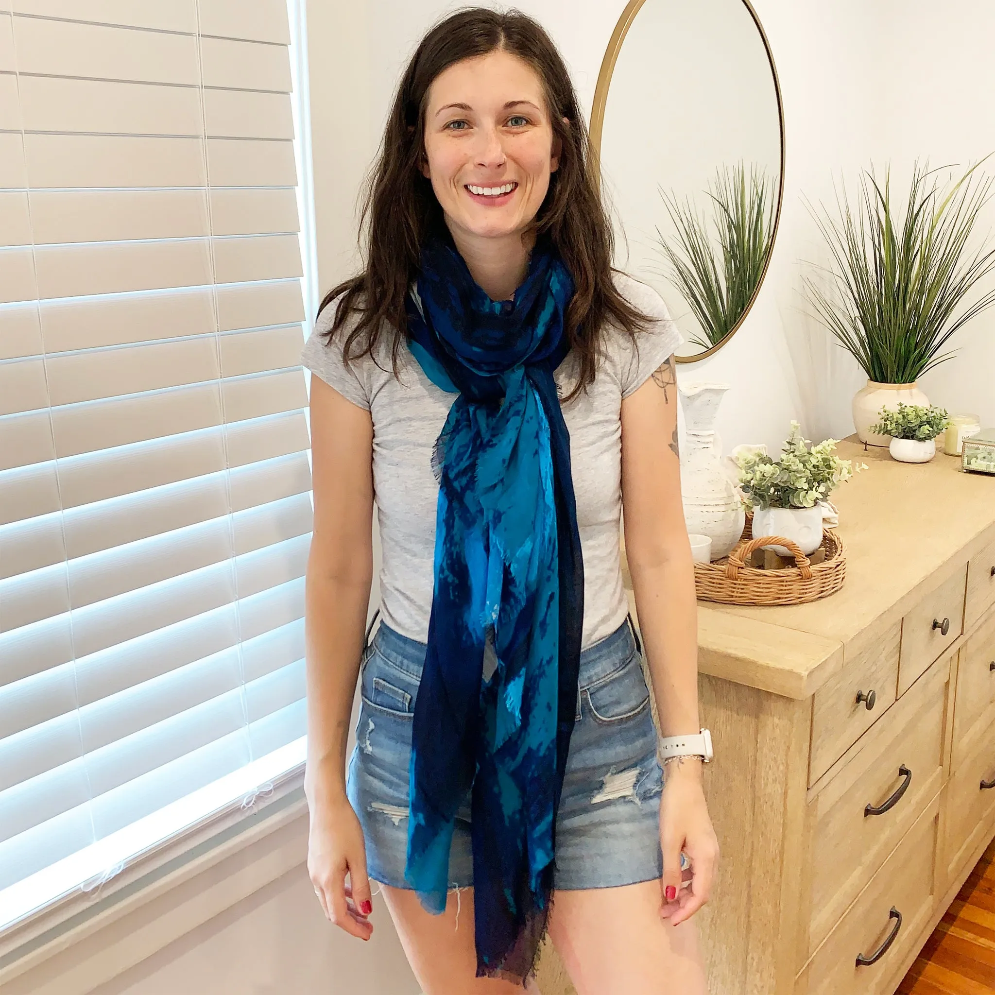 Blue Pacific Cashmere and Silk Watercolor Scarf in Navy Blue and Teal