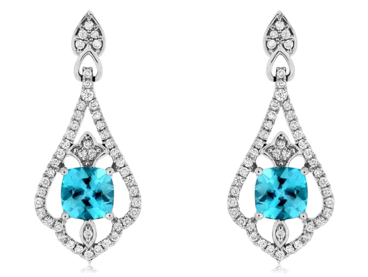 Blue Topaz and Diamond Dangle Earrings, 14K White Gold