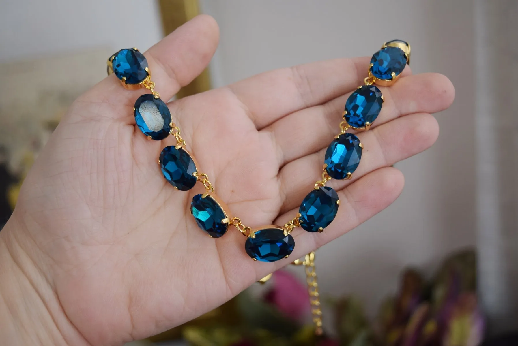 Blue Zircon Aurora Crystal Collet Necklace - Large Oval