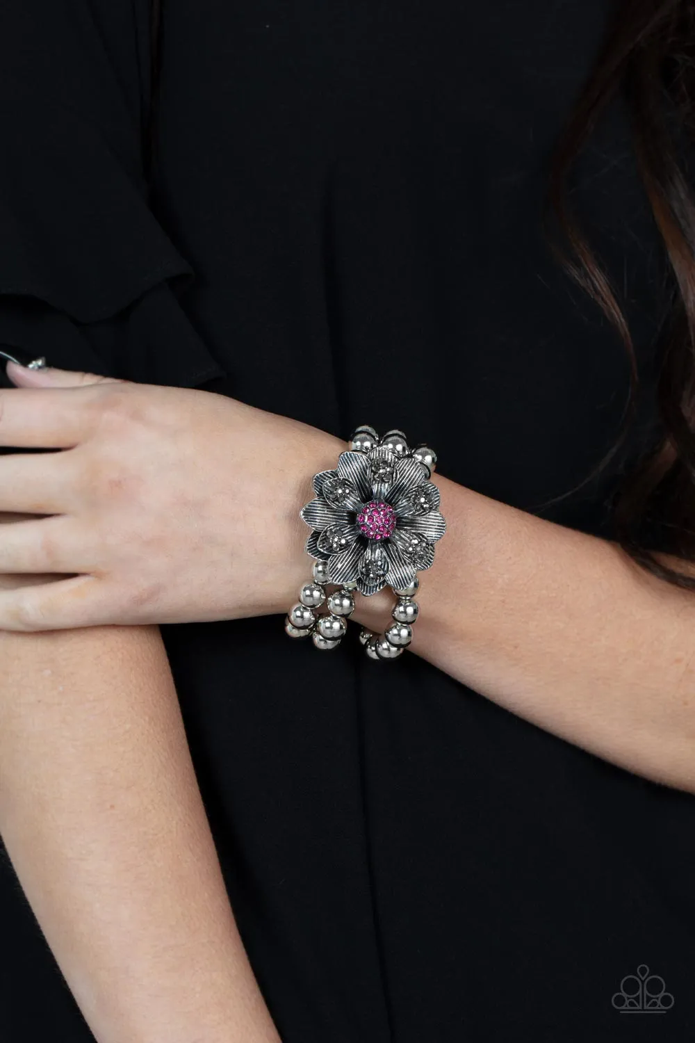 Botanical Bravado Pink & Silver Flower Bracelet - Paparazzi Accessories