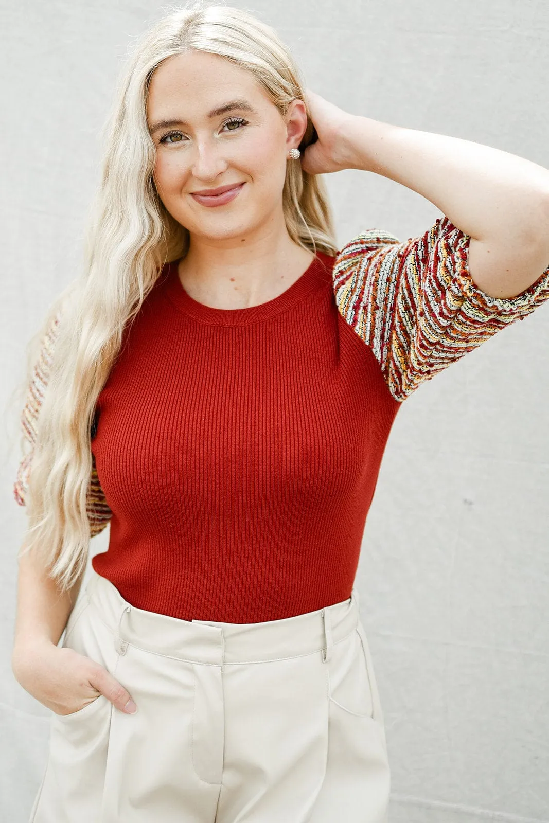 Brick Tweed Puff Sleeve Top