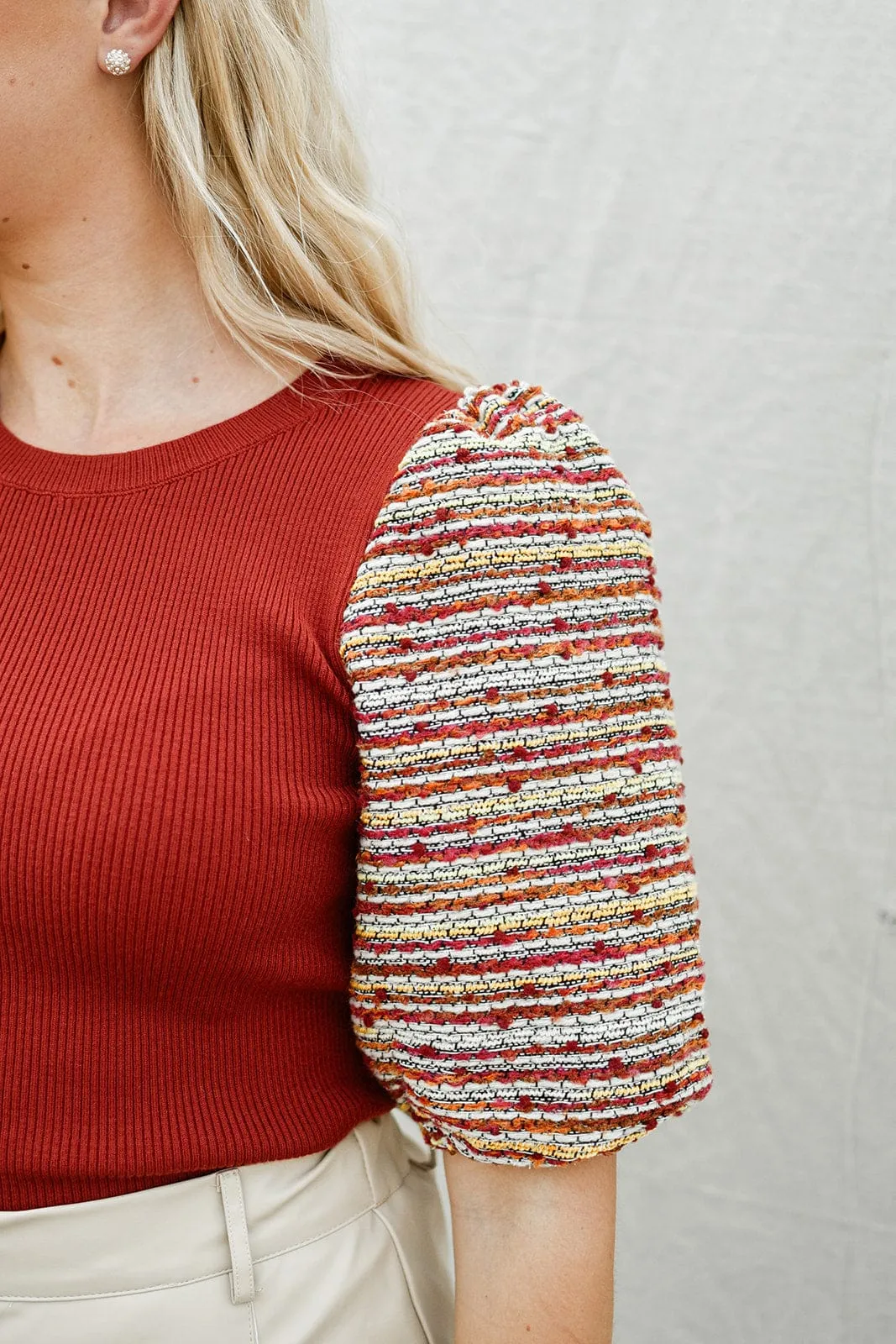 Brick Tweed Puff Sleeve Top