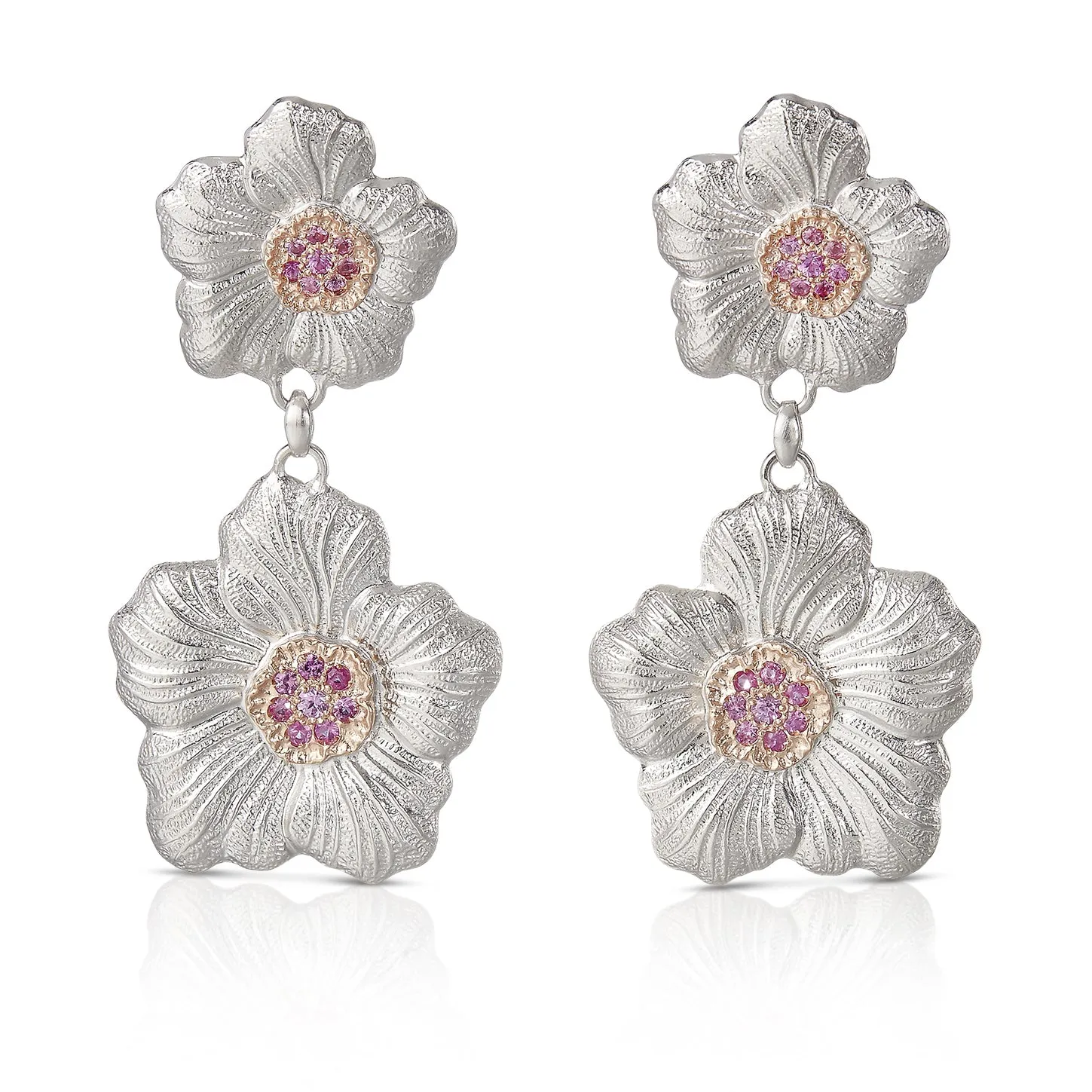 Buccellati - Blossoms Gardenia - Drop Earrings with Pink Sapphires, Sterling Silver with Gold Accents