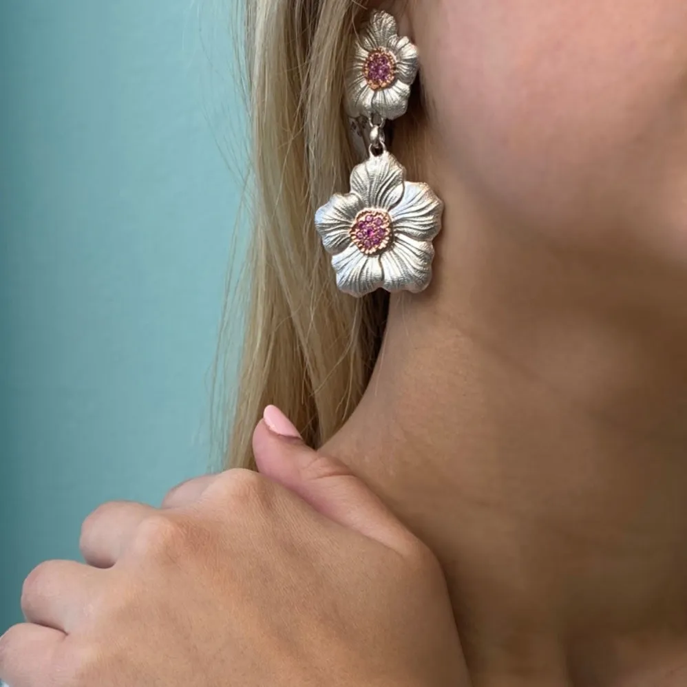 Buccellati - Blossoms Gardenia - Drop Earrings with Pink Sapphires, Sterling Silver with Gold Accents