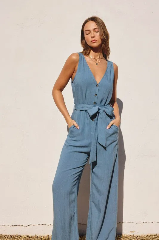 Button Down Sash Belt Jumpsuit