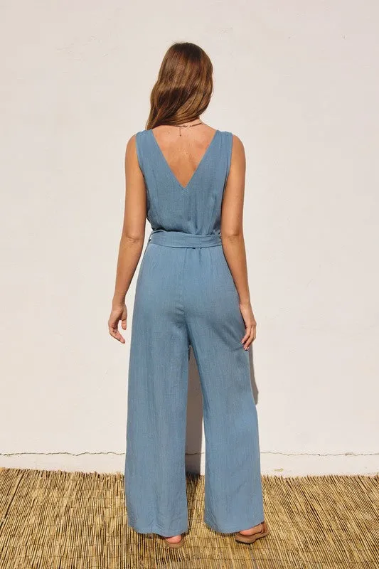 Button Down Sash Belt Jumpsuit