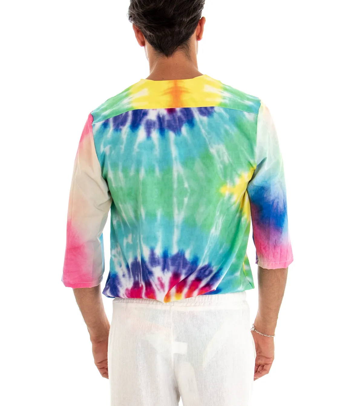 Camicia Uomo Caftano Casacca Fantasia Tie Dye Multicolore Over Tessuto Leggero Viscosa GIOSAL-C1716A