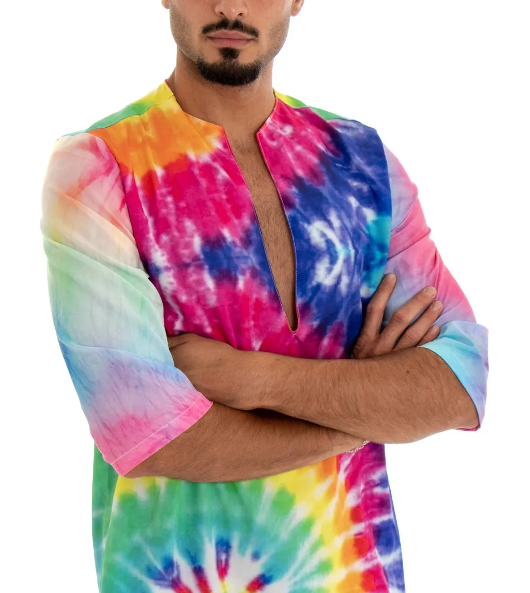 Camicia Uomo Caftano Casacca Fantasia Tie Dye Multicolore Over Tessuto Leggero Viscosa GIOSAL-C1716A