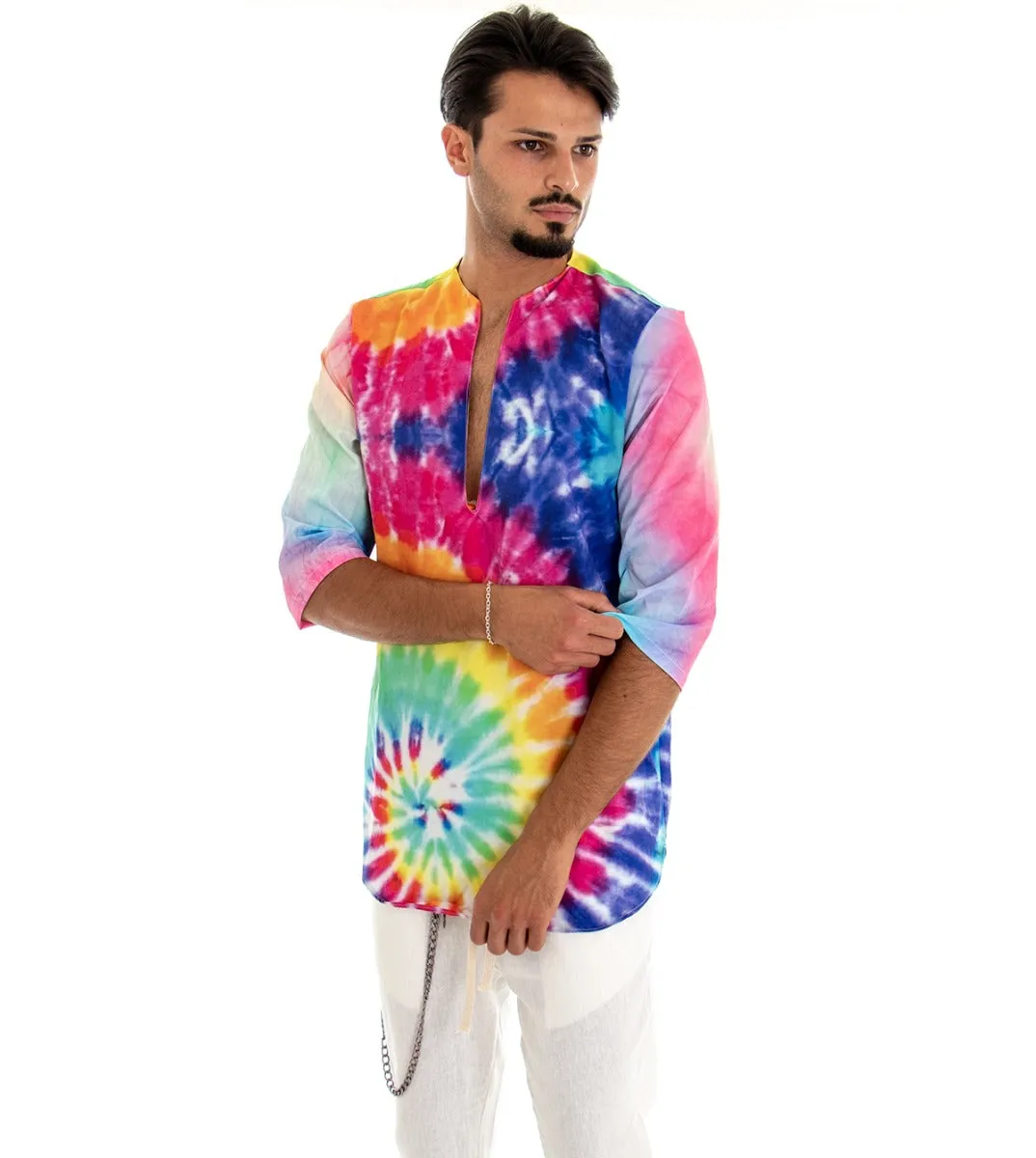 Camicia Uomo Caftano Casacca Fantasia Tie Dye Multicolore Over Tessuto Leggero Viscosa GIOSAL-C1716A