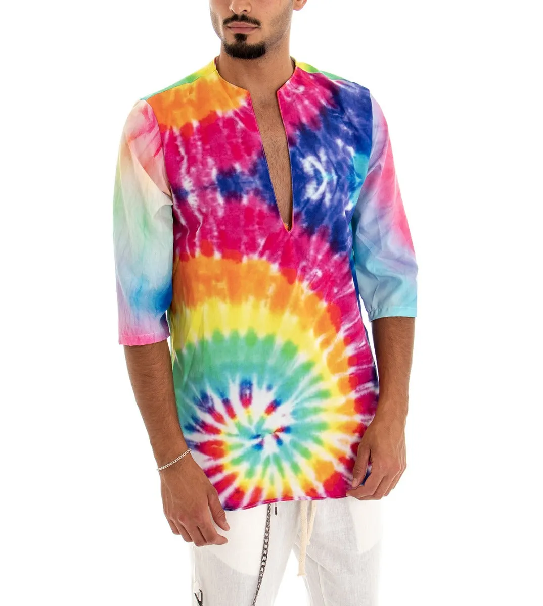 Camicia Uomo Caftano Casacca Fantasia Tie Dye Multicolore Over Tessuto Leggero Viscosa GIOSAL-C1716A