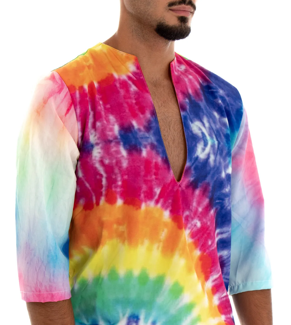 Camicia Uomo Caftano Casacca Fantasia Tie Dye Multicolore Over Tessuto Leggero Viscosa GIOSAL-C1716A