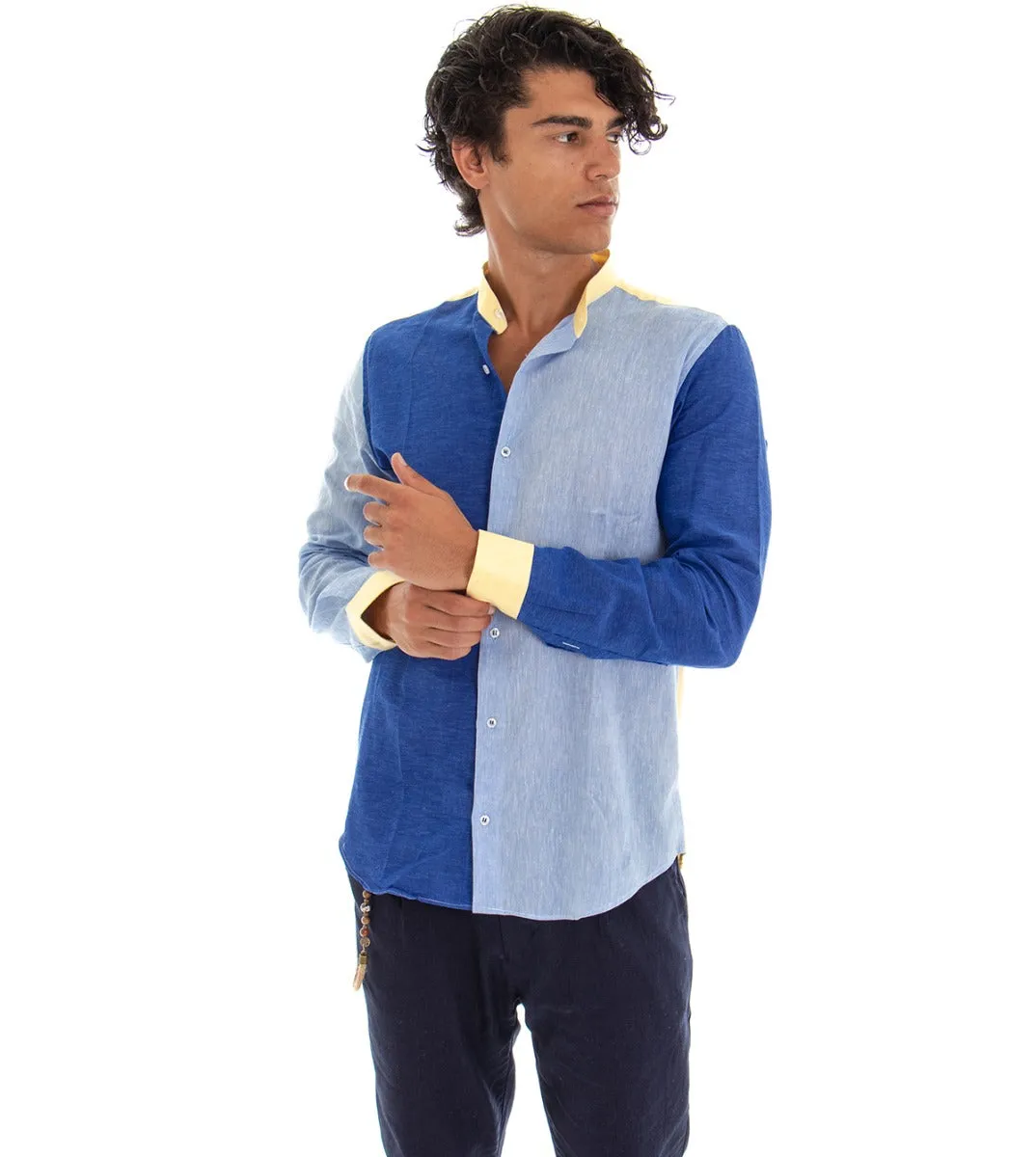 Camicia Uomo Collo Coreano Manica Lunga Blu Regular Fit Melangiata Lino GIOSAL-C1727A