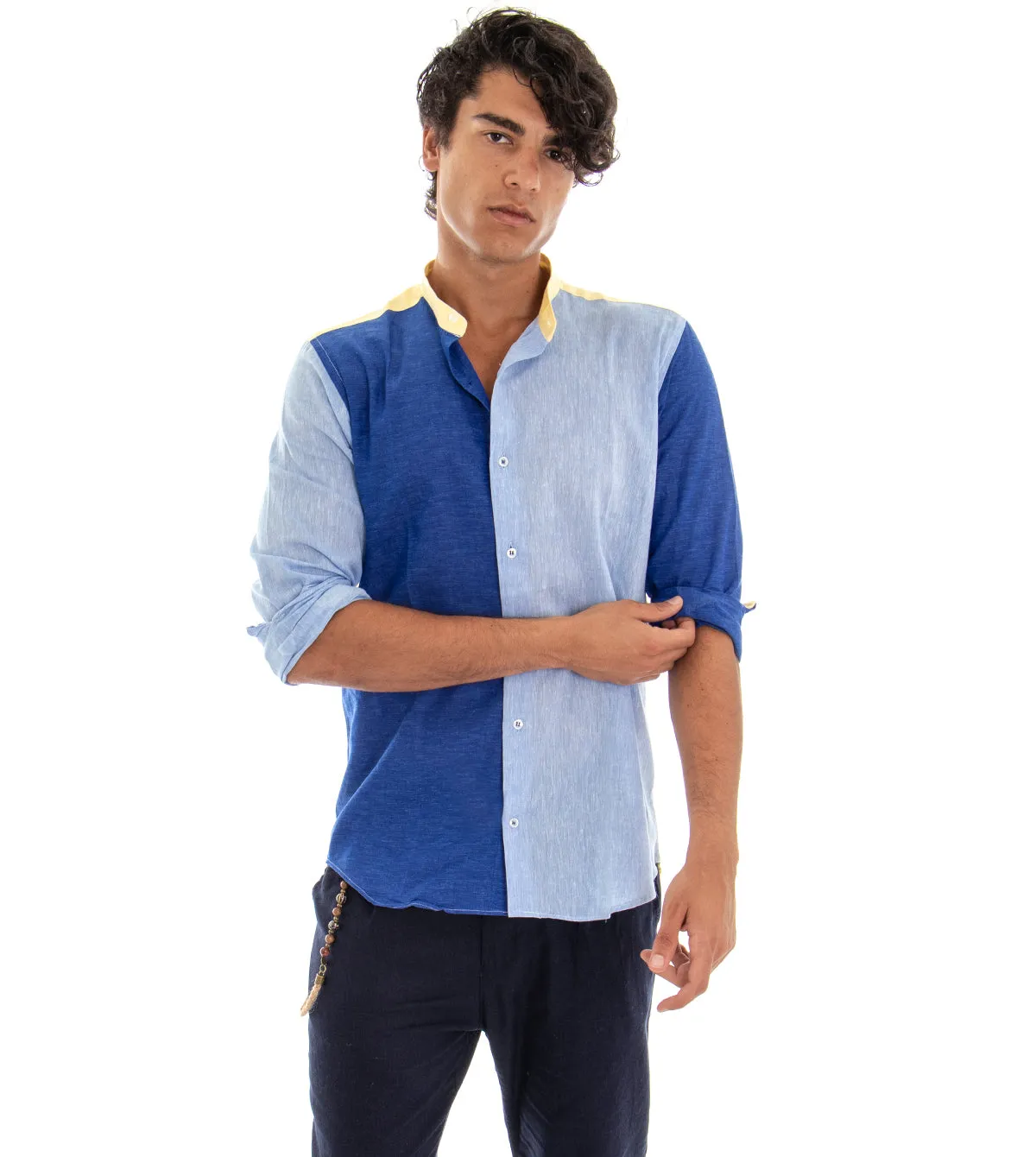 Camicia Uomo Collo Coreano Manica Lunga Blu Regular Fit Melangiata Lino GIOSAL-C1727A