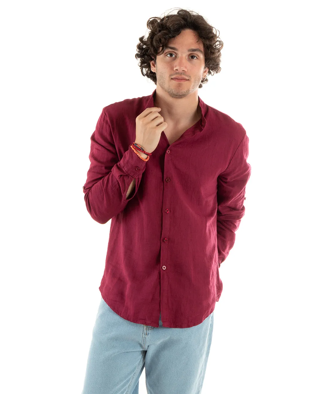 Camicia Uomo Collo Coreano Slim Fit Lino Tinta Unita Maniche Lunghe Bordeaux GIOSAL-C2777A