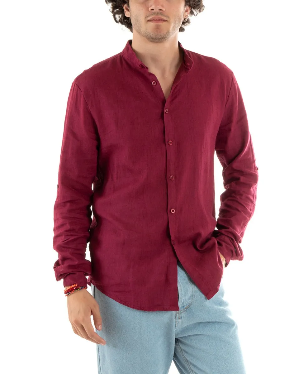 Camicia Uomo Collo Coreano Slim Fit Lino Tinta Unita Maniche Lunghe Bordeaux GIOSAL-C2777A