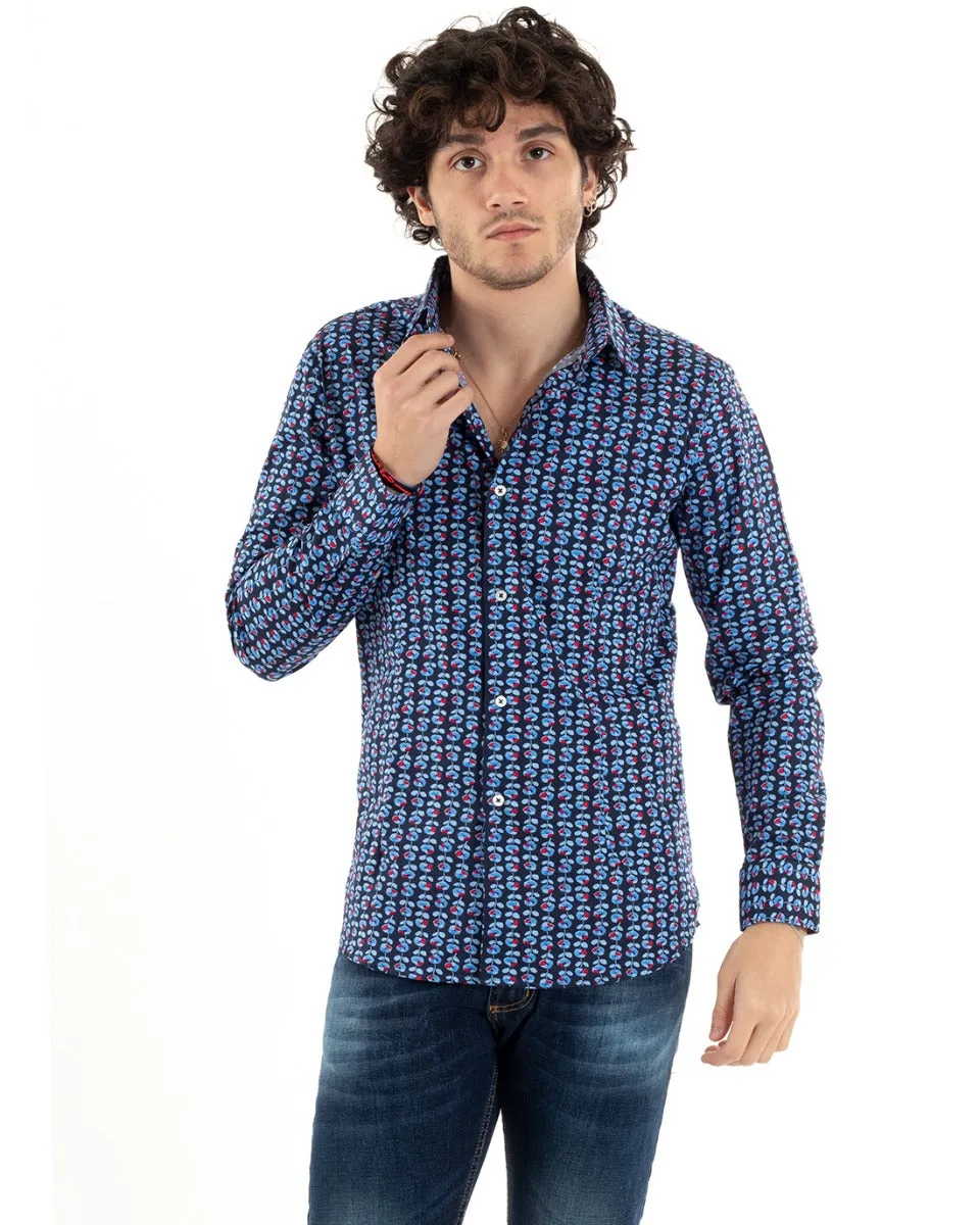 Camicia Uomo Con Colletto Manica Lunga Slim Fit Casual Cotone Fantasia Floreale Blu GIOSAL-C1166A