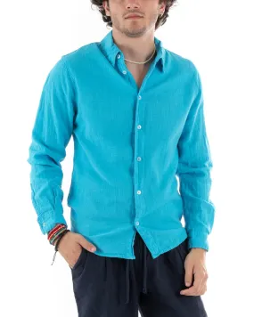 Camicia Uomo Con Colletto Slim Fit Lino Tinta Unita Maniche Lunghe Azzurro GIOSAL-C2768A