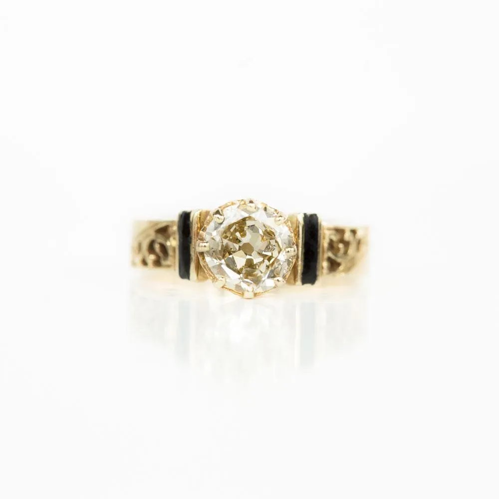 Champagne Old Mine Cut Diamond Vintage Yellow Gold and Black Enamel Ring