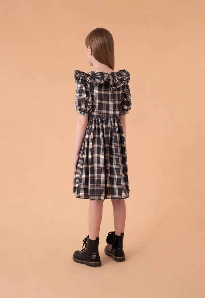 Check Ruffled Yoke Puff Dress