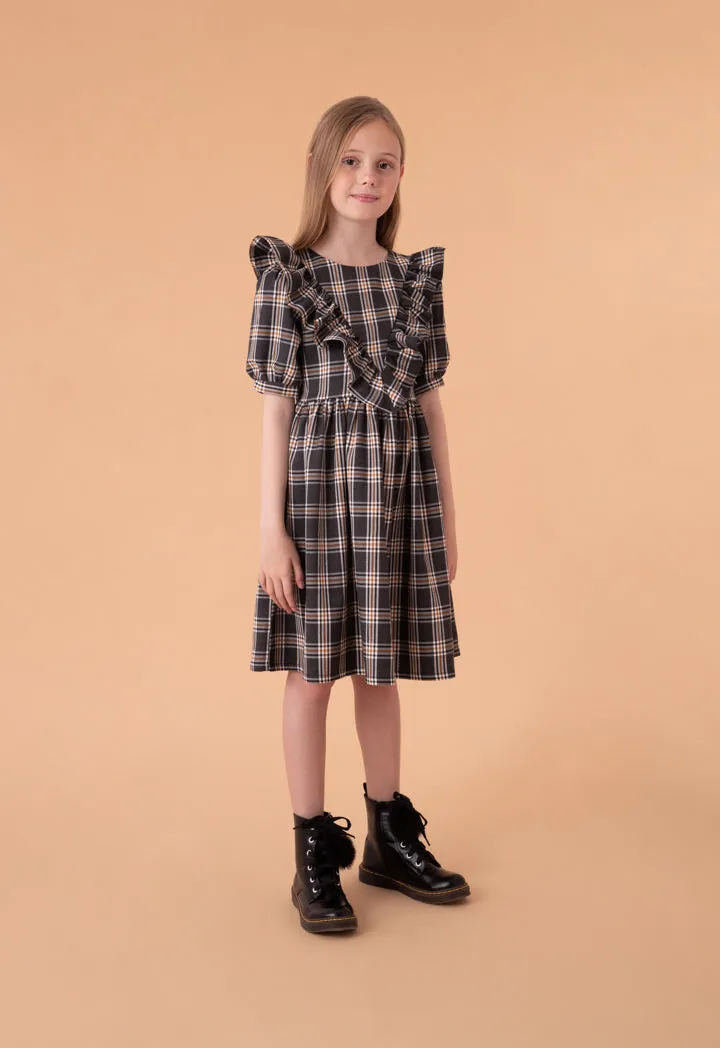 Check Ruffled Yoke Puff Dress