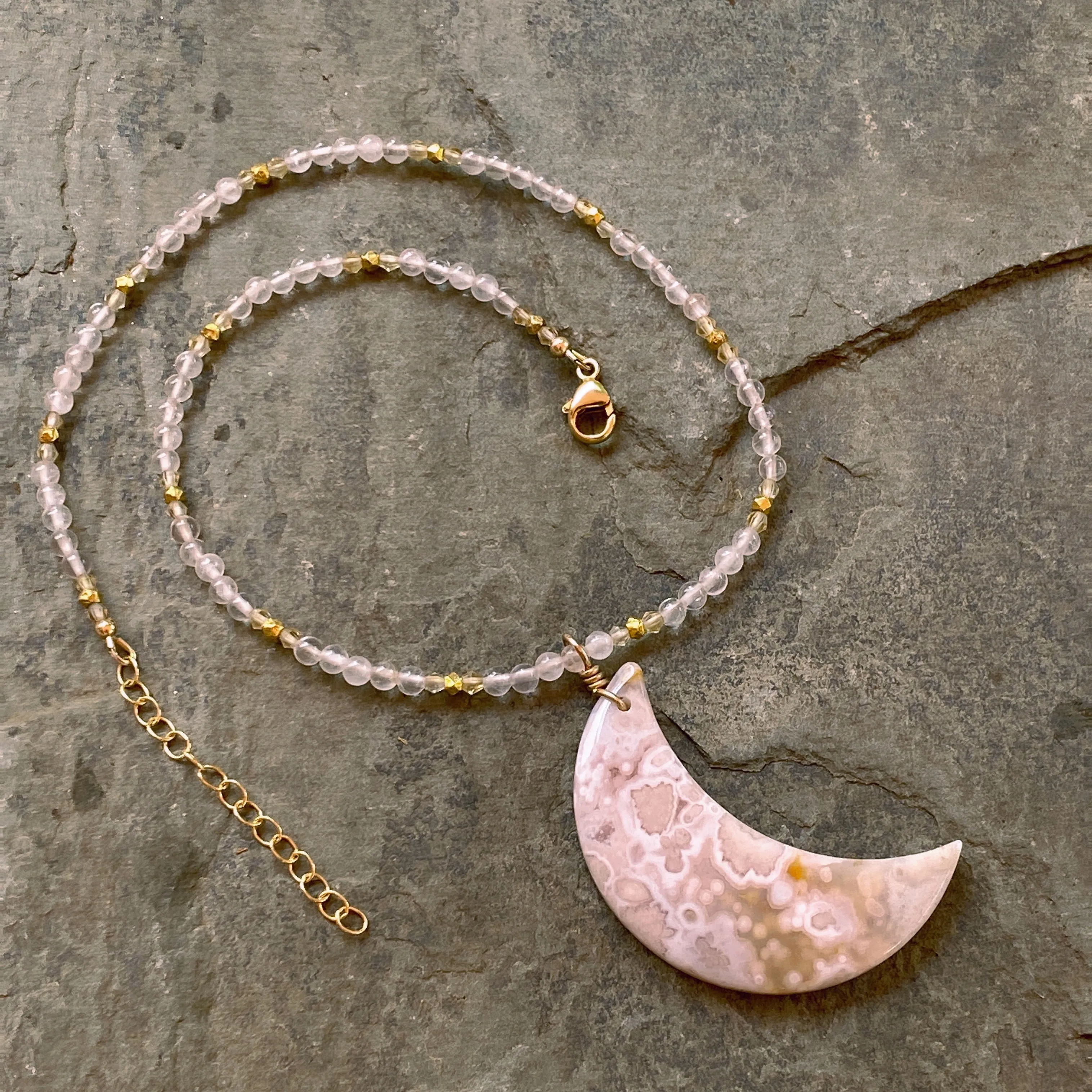 Cherry blossom agate moon pendant, on  Rose quartz, citrine, 14 kt GF necklace