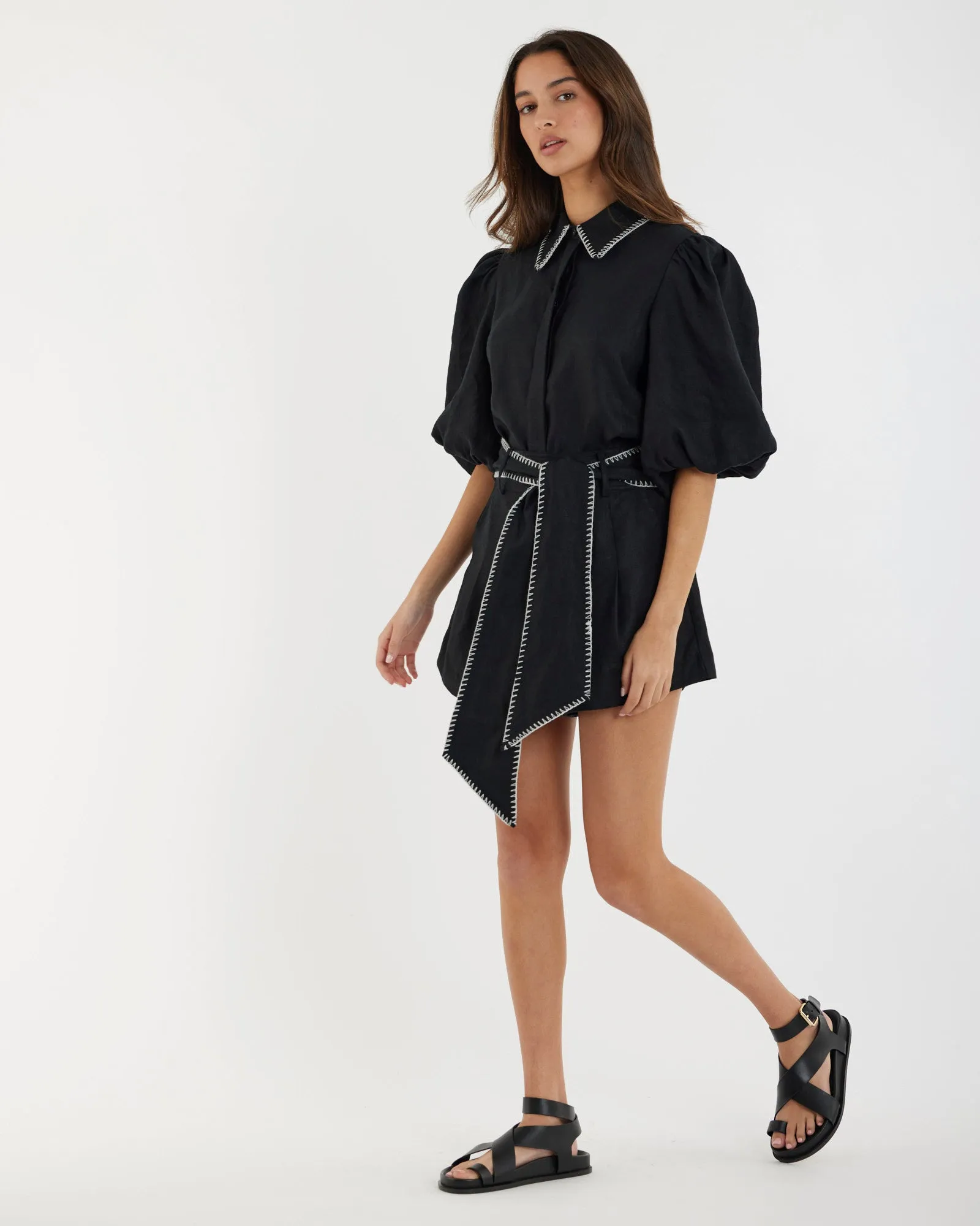 Chloe Stitch Detail Linen Shirt - Black