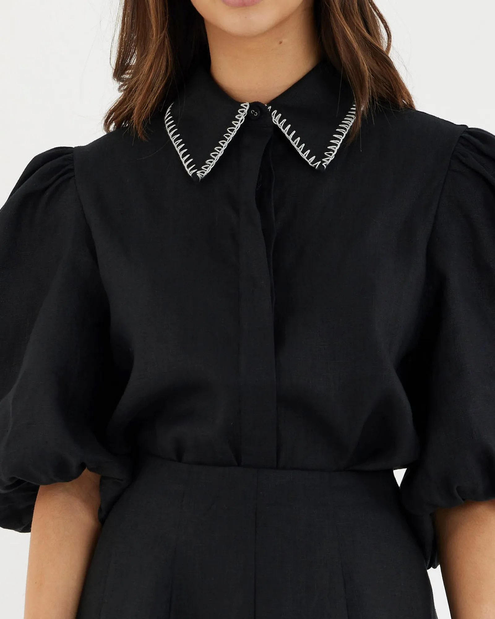 Chloe Stitch Detail Linen Shirt - Black