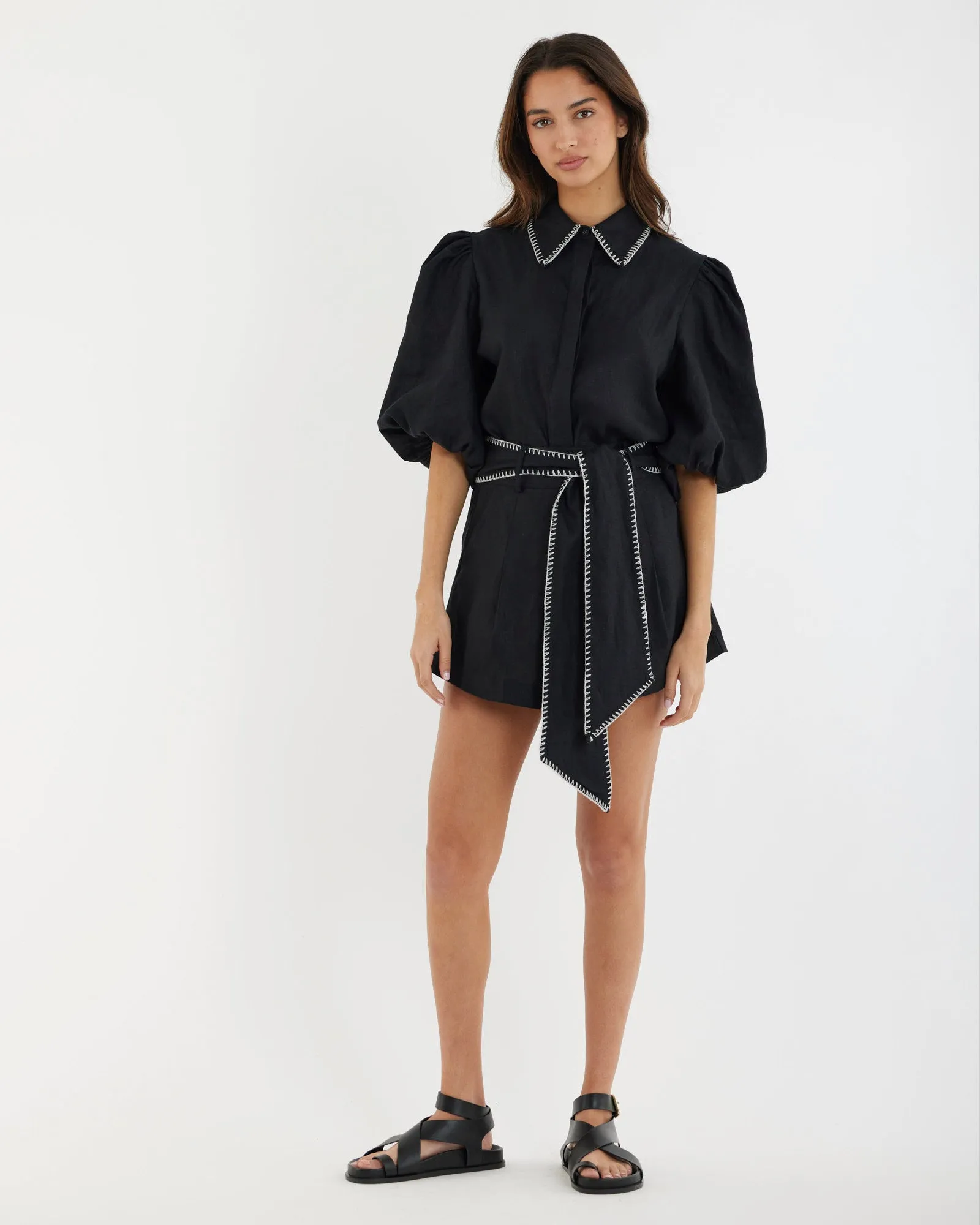 Chloe Stitch Detail Linen Shirt - Black