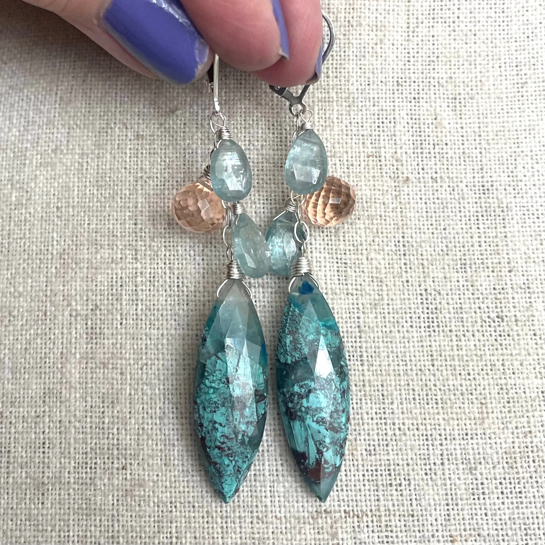 Chrysocolla, apatite, and peach chandelier earrings