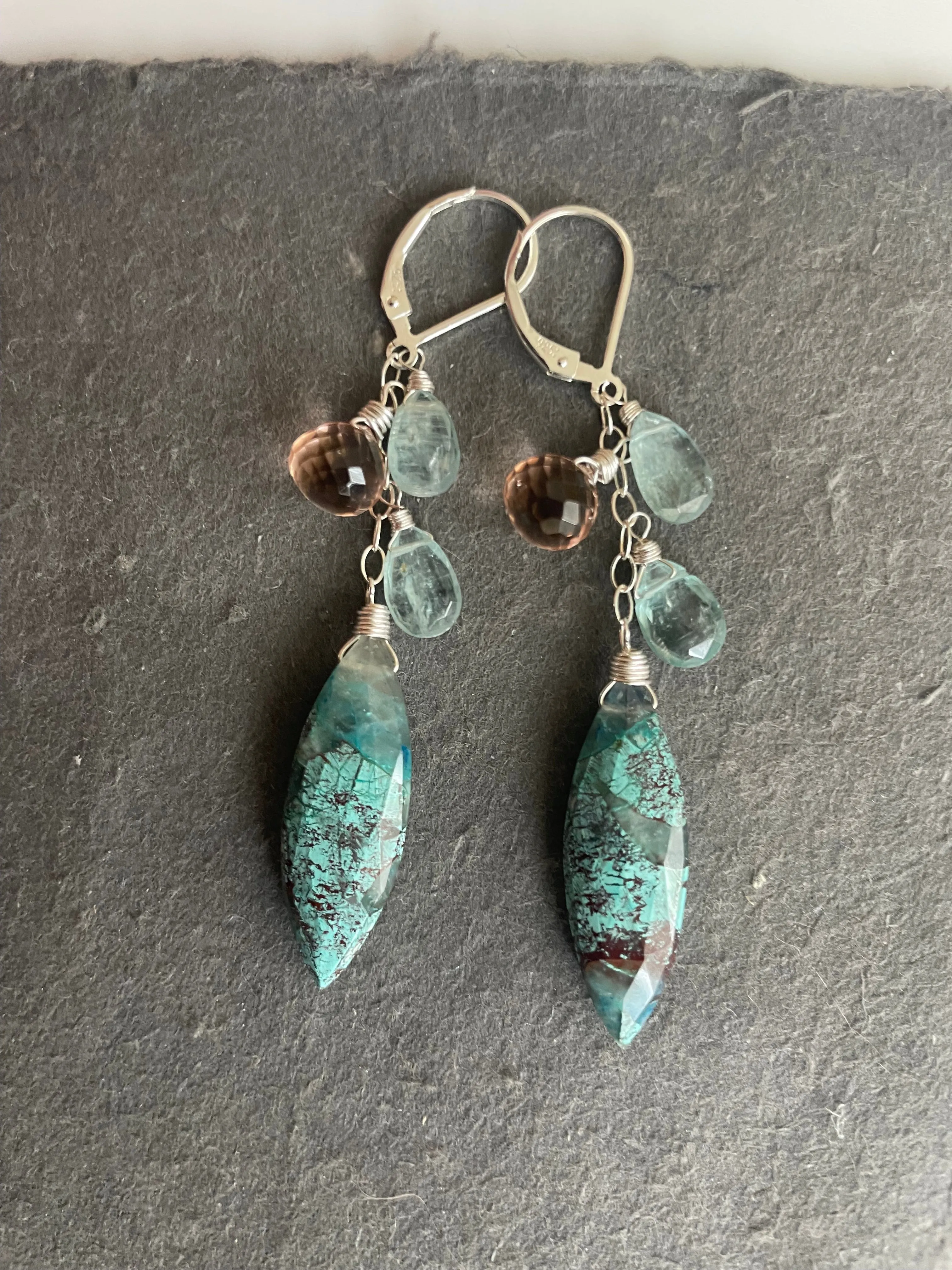 Chrysocolla, apatite, and peach chandelier earrings