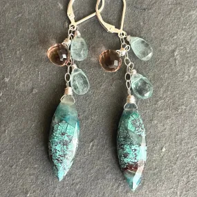 Chrysocolla, apatite, and peach chandelier earrings