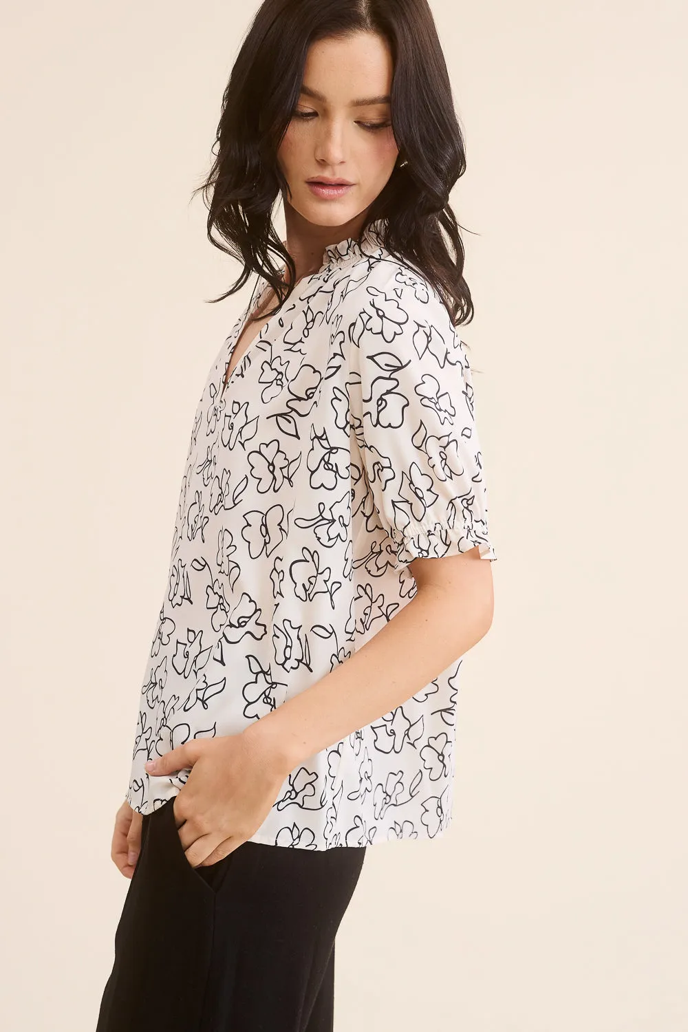 Cream Floral Puff Sleeve Blouse